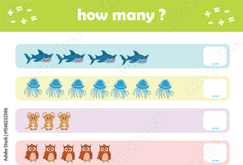 Count and match activity page for kids with cute wild animals. Elementary math for preschool and kindergarten. Vector illustration