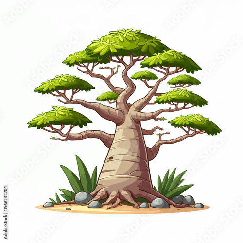 Digitally rendered cartoon image of a large tree with a thick, light-brown trunk and broad, light green canopy, situated amidst some stones and grass.