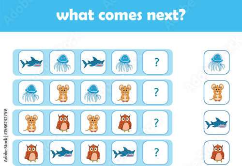 What comes next. Logical activity for preschool children with cute wild animals. Vector Illustration