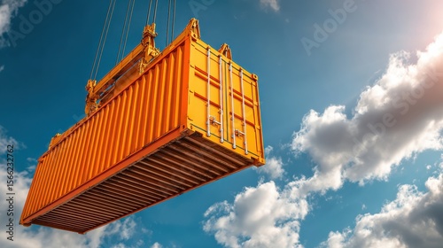 Bright Orange Shipping Container Being Hoisted Against a Clear Blue Sky with Fluffy White Clouds