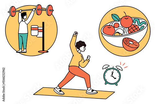 Diverse fitness and wellness icons for workout gym and yoga activities