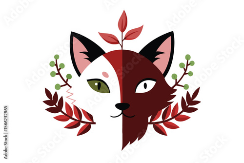 Artistic split face design merging cat and nature elements
