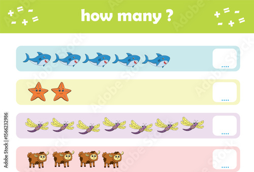 Count and match activity page for kids with cute wild animals. Elementary math for preschool and kindergarten. Vector illustration