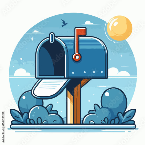 Vibrant illustration of a mailbox in a stylized landscape setting, showcasing a graphic design with a simple color scheme.