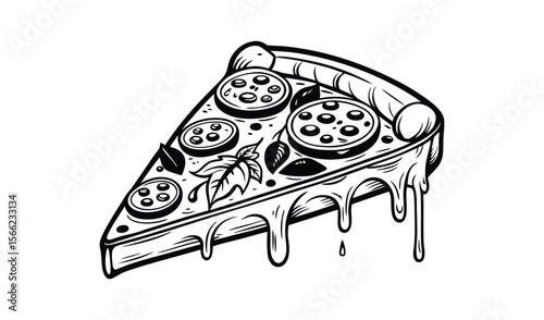 Delicious slice of pepperoni pizza with melting cheese and basil leaves