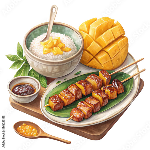 Mango Sticky Rice, Moo Ping Skewers on white background