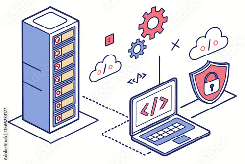 Modern technology and it services icons featuring servers and coding elements
