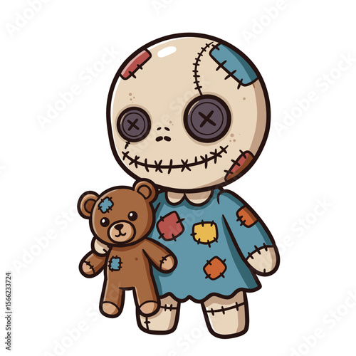 This playful doll with button eyes, stitched face, and blue patchwork dress holds a teddy bear — bursting with vintage charm and cartoon whimsy.