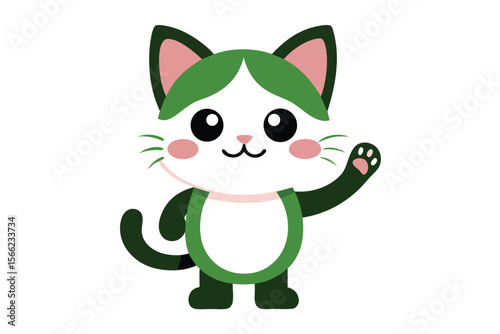 Adorable cartoon cat with a friendly wave on a clean white background