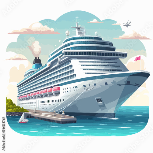 Stylized illustration of a large cruise liner docked at a harbor, with a tranquil seascape and a hint of clouds in the background.