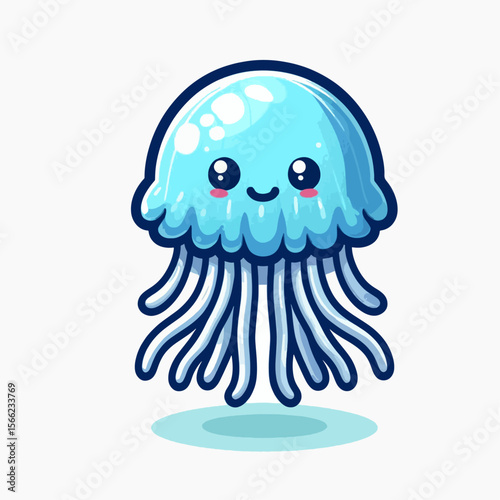Digital illustration of a friendly, light blue jellyfish with cartoonish features.