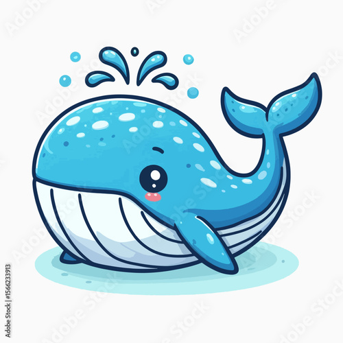 Cheerful, cartoonish depiction of a whale, highlighted by its simple design and friendly expressions.  Water splashes emerge from its blowhole.