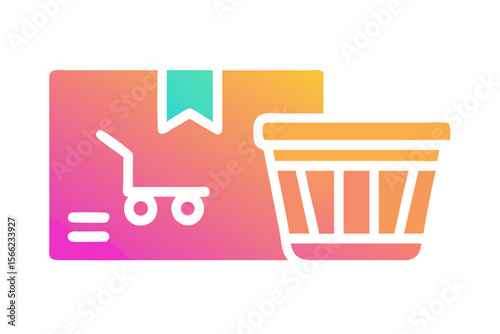 Shopping cart and delivery box with a ribbon icon representing e commerce and logistics