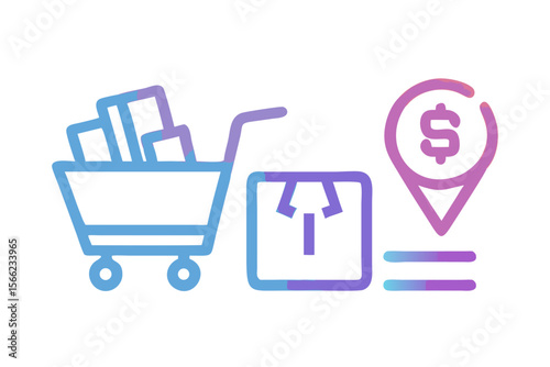 Shopping cart with packages and a location pin with dollar sign symbolizing online shopping and delivery