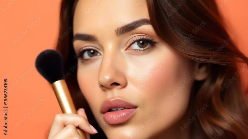 Close up photo of uncertain unsure girl hesitate hold blush blusher dont know apply powder rouge to make visage ideal isolated over pastel color