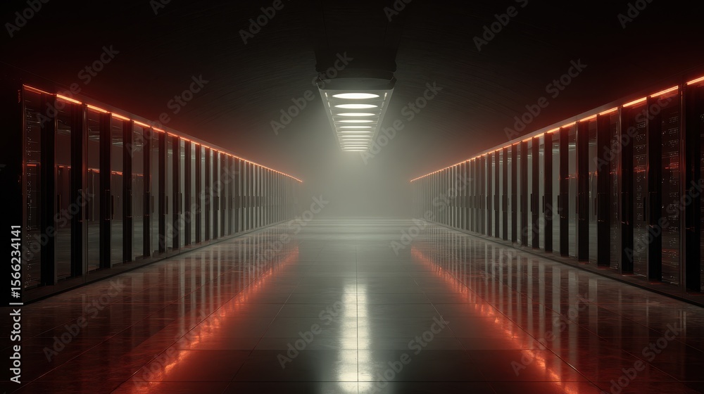 Fototapeta premium Futuristic Data Center Corridor with Illuminated Lights and Foggy Atmosphere