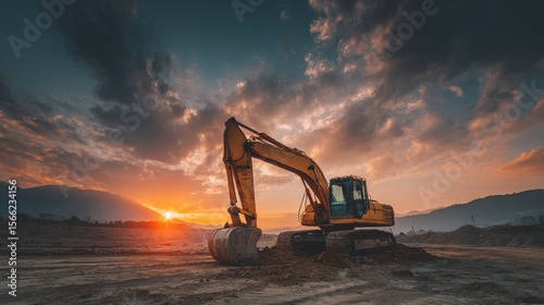Excavator at Sunset on Construction Site with Dramatic Skies and Mountains in the Background