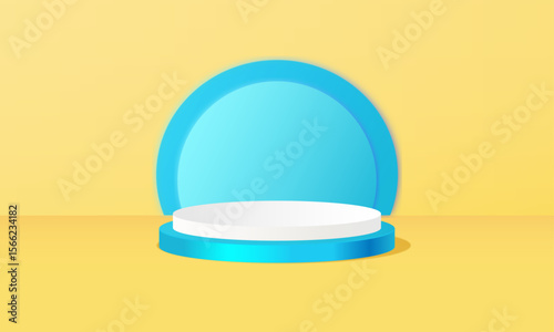 Blue and white podium on yellow background for advertising, product presentation