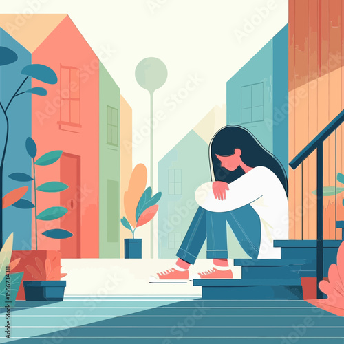 person sitting alone on steps in a neighborhood is perfect for websites or blogs addressing mental health,loneliness, introspection,urban life,or emotional well-being.