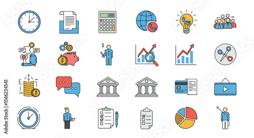 Illustrated collection of conceptual business and finance icons representing growth strategy analysis planning and financial management practices