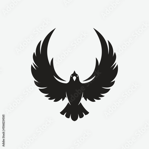 Stylized black bird silhouette logo with wings spread in a bold, abstract form. Minimalist and symmetrical design on white background. Perfect for branding, tattoo, or decor.