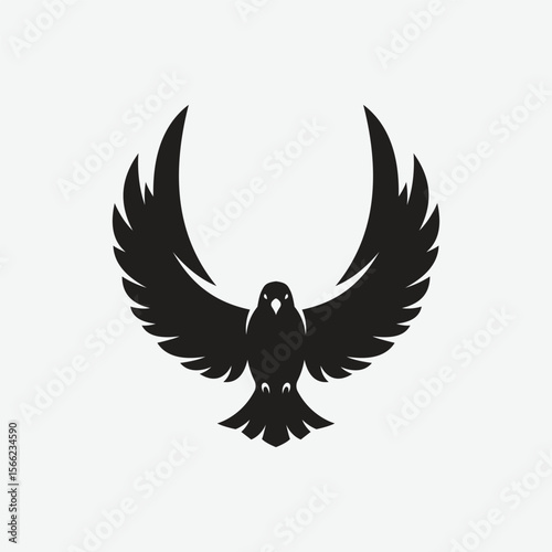 Stylized black bird silhouette logo with wings spread in a bold, abstract form. Minimalist and symmetrical design on white background. Perfect for branding, tattoo, or decor.
