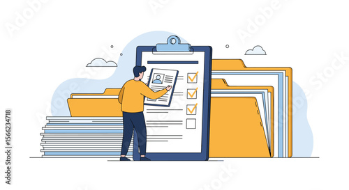 Man completing a checklist on a clipboard with organized files and documents in the background demonstrating efficient task management and workflow organization