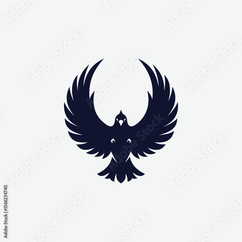 Stylized black bird silhouette logo with wings spread in a bold, abstract form. Minimalist and symmetrical design on white background. Perfect for branding, tattoo, or decor.