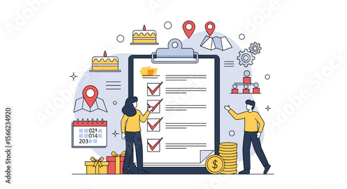 Detailed Event Planning Checklist Featuring People Checking Tasks and Celebrating Milestones with Gifts and Money