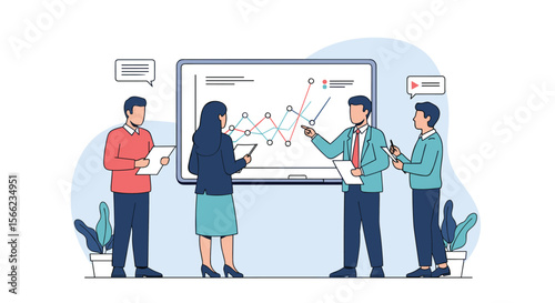 Business professionals collaborating on a data-driven strategy presentation with charts and graphs on a whiteboard