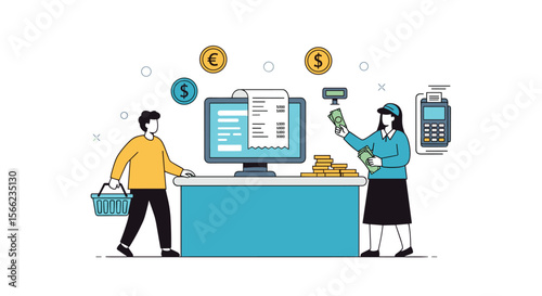 Customers and Cashiers at a Retail Counter with a Computer Displaying a Receipt and Currency Symbols Floating Above