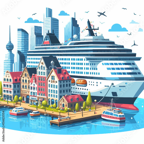Vivid depiction of a cruise ship at a bustling city harbor with colorful buildings.