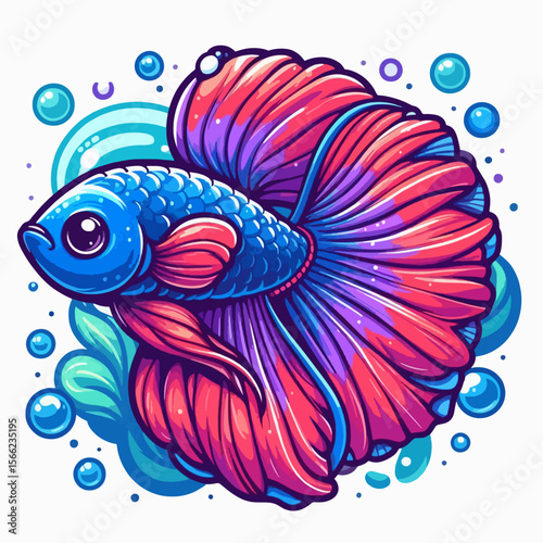 Stylized illustration of a betta fish, featuring vivid colors and a cartoonish design.  Bubbles and aquatic elements form a decorative background.
