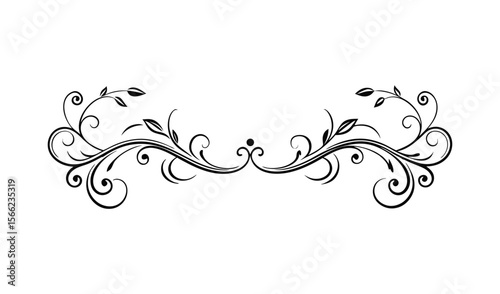 Elegant black symmetrical floral flourish with leaves and buds on a white background