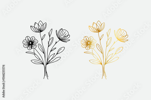 Elegant minimalist line art floral bouquet in black and gold with delicate petals and leaves on a light gray background perfect for design and decor