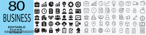 Collection of eighty editable business icons for digital and print use,  Modern Black and White Line Art Style Stock Vector Graphics for Website and App Design