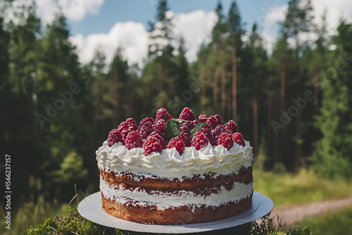 Delicious raspberry topped sponge cake sits among vibrant green foliage near a forest background
