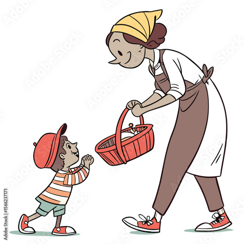 Mother and child share a basket of goods
