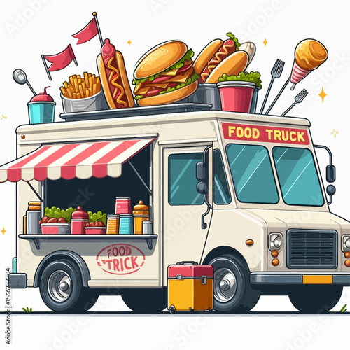 Vibrant cartoon depiction of a food truck, overflowing with various fast food items.  It displays a delightful and appetizing scene, set against a plain white backdrop.