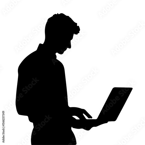 Man using laptop in silhouette against white background  