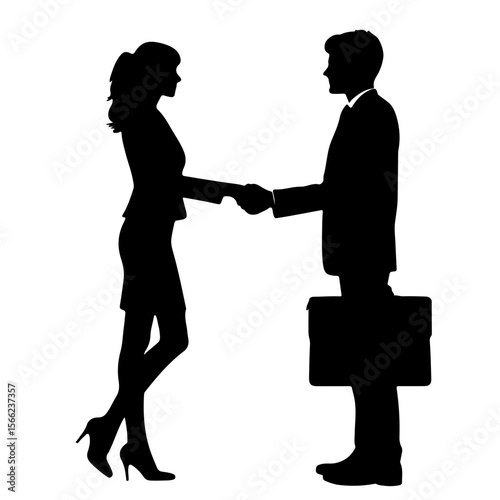 Businessman and businesswoman shaking hands in professional attire  