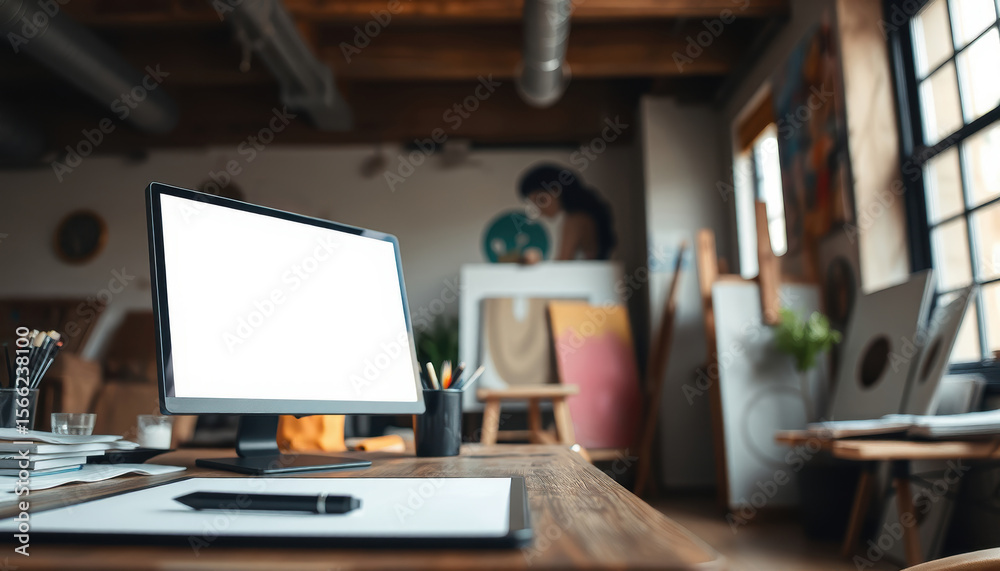 Blank Monitor on Desk in Artistic Creative Studio Office Blank Monitor on Desk in Artistic Creative Studio Office