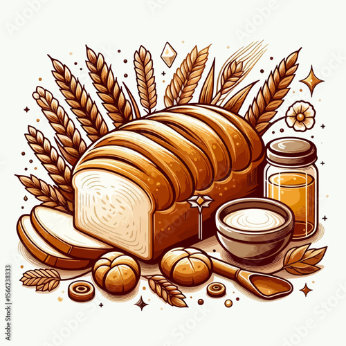 Vibrant graphic design featuring a loaf of bread, sliced bread, rolls, and related items, like honey, butter, and wheat, arranged in a stylized, artistic layout.