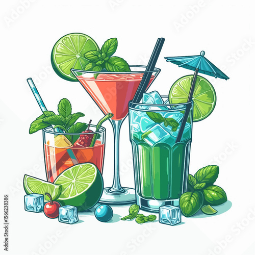 Delightful arrangement of three distinct cocktails, featuring vibrant colors and fresh fruit garnishes, perfect for a summer party or celebration.
