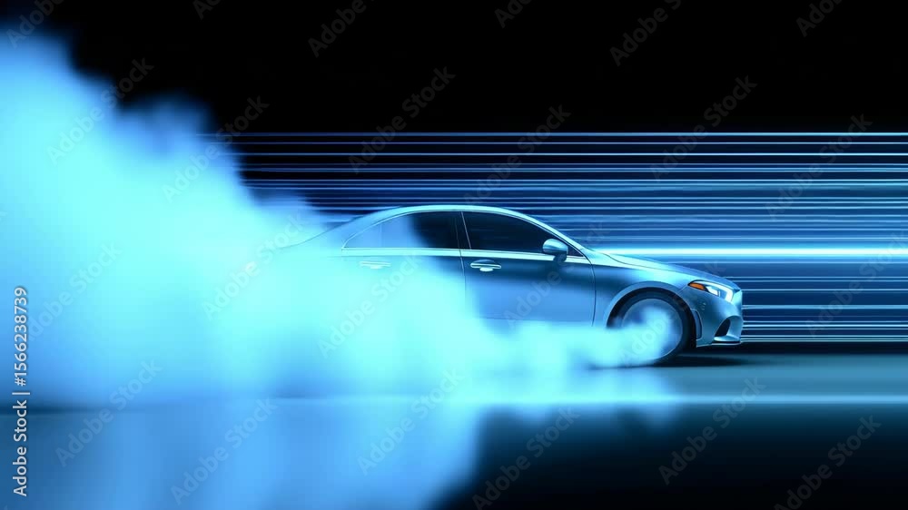 Sleek car in motion, blurring speed and design, streaks of blue and orange lights accentuate dynamism. Automotive innovation in motion.