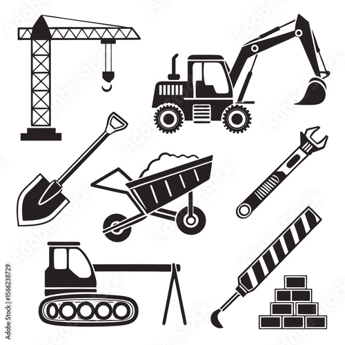 Construction Equipment Icons Excavator, Crane, Shovel, Wheelbarrow, and More