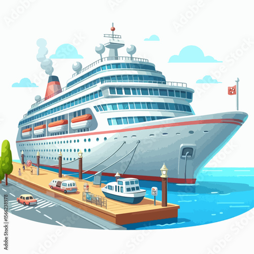 Cartoon illustration of a large cruise ship at a waterfront pier, including cars and smaller boats.