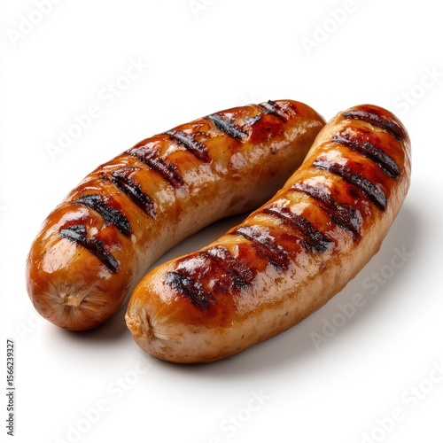 Two grilled sausages with char marks isolated on white background