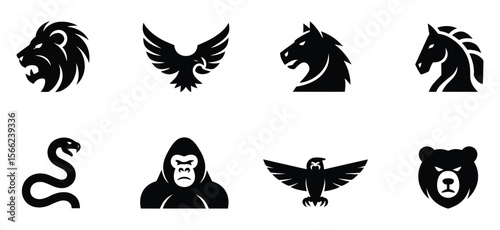 Set of 8 fierce black animal silhouettes including lion, eagle, horse, snake, gorilla, owl, and bear for bold logo design and branding photo