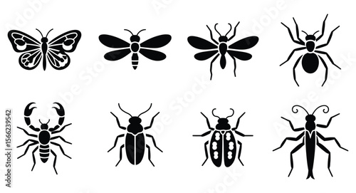 Black insect silhouette collection including butterfly, bee, ant, spider, scorpion, beetle, grasshopper isolated on white background